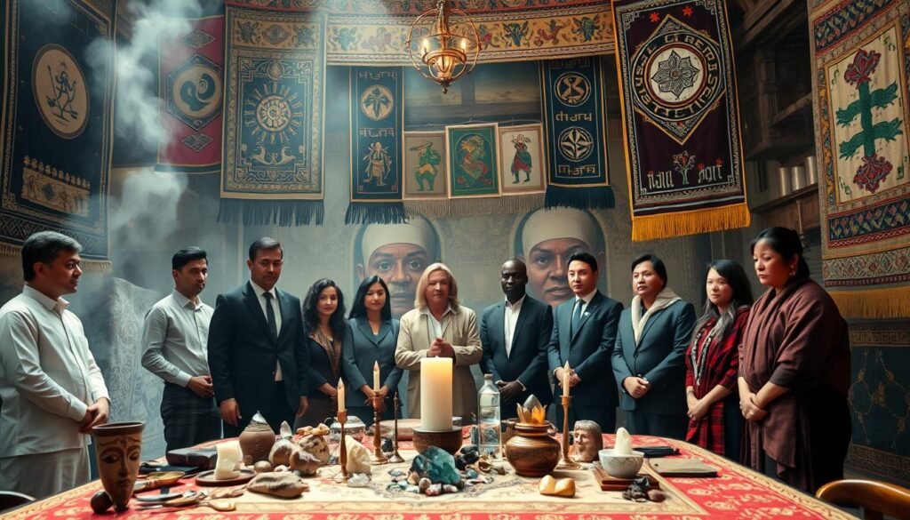 A mystical scene depicting the interpretation of rituals from various cultures. In the foreground, a diverse group of people dressed in modest, professional attire gathered around a beautifully decorated table filled with symbolic artifacts like masks, crystals, and ritualistic tools. In the middle ground, intricate tapestries and banners representing different cultures hang, reflecting their unique symbols and colors. The background features a softly glowing ethereal light, casting a warm and contemplative ambiance over the scene. The atmosphere evokes intrigue and a sense of connection to ancient traditions. The lens captures the scene in a slightly wide-angle, emphasizing the gathering while maintaining a focus on the rich details of the artifacts and expressions of the participants. The image is attributed to “ezotera.pl”.