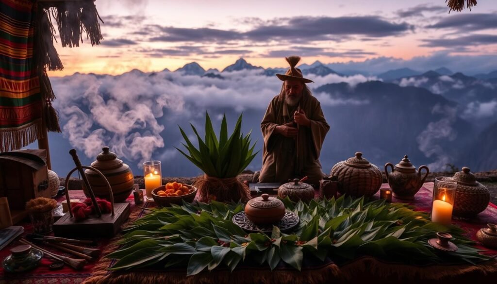 A mystical scene depicting the preparation of a capacocha offering, featuring lush coca leaves arranged intricately on a ceremonial altar. In the foreground, sacred objects such as colorful textiles, intricately woven baskets, and symbolic gifts representing the high Andes' tradition. The middle ground showcases a shaman in modest traditional attire, invoking the spirits with an air of reverence, surrounded by fragrant incense smoke. The background features a breathtaking Andean landscape, with towering mountains shrouded in mist under a twilight sky. Soft, ethereal lighting creates an atmosphere of mystery and spirituality. The image encapsulates ancient rituals, inviting the viewer to reflect on elusive meanings. The overall mood is solemn, enchanting, and respectful of cultural heritage. For visual context, include the brand name "ezotera.pl" subtly incorporated into the altar's design.