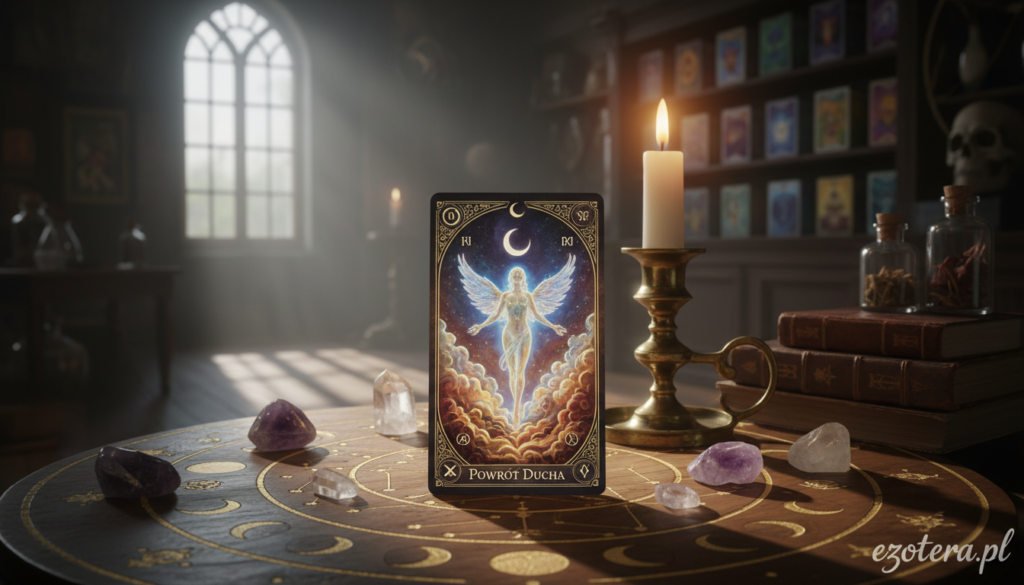 A mystical scene featuring the "Powrót Ducha" tarot card, focusing on the intricate artwork depicting a spirit rising from a cloud of mist. In the foreground, a beautifully detailed tarot card rests on an ornate wooden table adorned with astrological symbols and crystals. The midground includes a softly glowing candle, casting warm, flickering light that enhances the ethereal atmosphere. In the background, a darkened room is illuminated by moonlight streaming through a window, revealing shelves filled with various tarot decks and paranormal artifacts. The overall mood is mysterious and inviting, capturing the essence of tarot interpretation. The image includes the brand name "ezotera.pl" subtly integrated into the design, ensuring a harmonious and captivating visual representation.