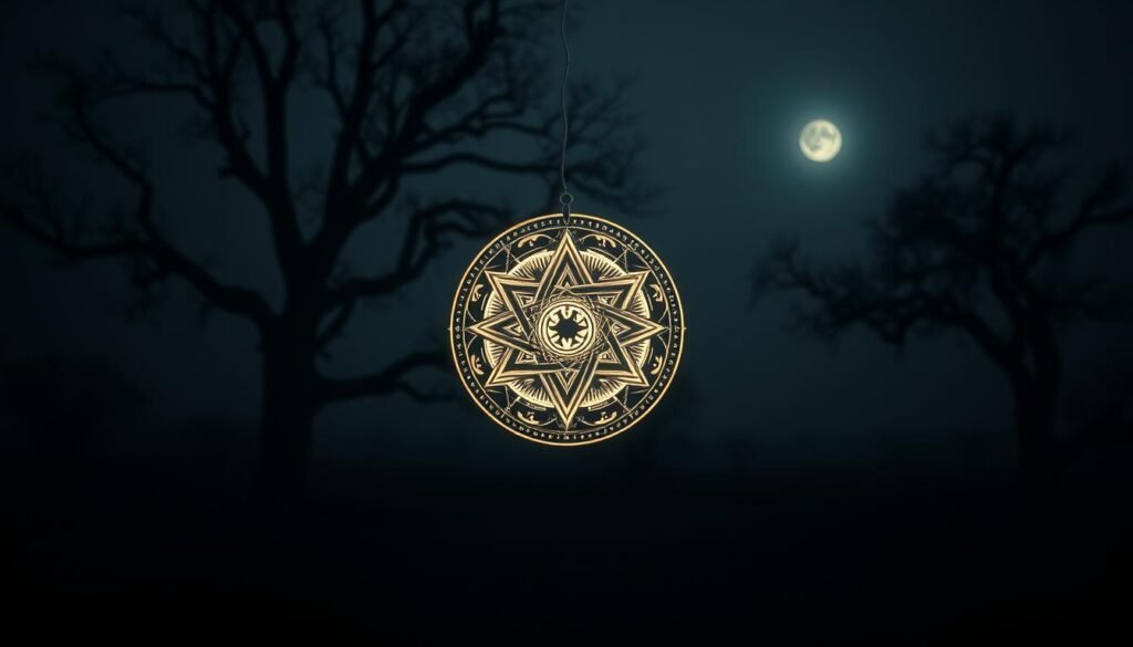 A mystical symbol prominently displayed in the foreground, intricately designed with geometric patterns and ancient runes. The symbol glows softly, emanating an aura of enigmatic energy, set against a dimly lit background featuring blurred silhouettes of old trees and misty landscapes, characteristic of the Polish countryside. In this atmospheric scene, a subtle interplay of shadow and light enhances the symbol's significance, suggesting an aura of secrecy and forgotten history. The perspective is slightly low-angle, making the symbol appear larger and more imposing. The lighting is ethereal, with a hint of moonlight cascading through the trees, creating depth and intrigue. The overall mood is contemplative and mysterious, evoking the theme of esoteric knowledge. Include the brand name "ezotera.pl" subtly integrated into the design of the symbol.