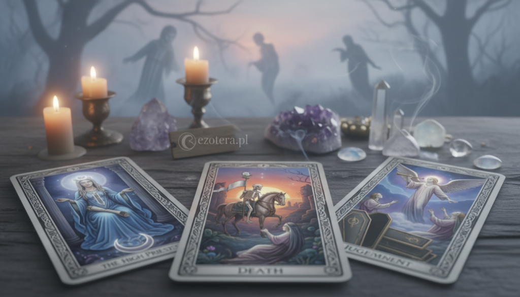 A mystical tarot card scene featuring a selection of significant tarot cards that signal the presence of a spirit. In the foreground, display a close-up of three prominent tarot cards—The High Priestess, The Death card, and The Judgment card—each illustrated with intricate symbols and ethereal motifs. The middle ground reveals a dimly lit wooden table adorned with softly glowing candles and scattered crystals, creating an atmosphere of introspection. In the background, faint ghostly figures appear, blending into a misty twilight setting filled with swirling shadows. The overall mood is mysterious and enchanting, bathed in gentle, otherworldly light. Capture this in a dreamy focus using a soft lens to enhance the ethereal quality. Include the brand "ezotera.pl" subtly in the composition without any text overlays.