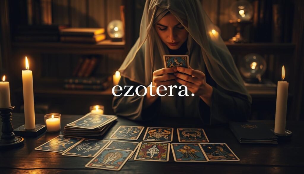 A mystical tarot reading scene featuring a beautifully arranged tarot deck on a dark wooden table. In the foreground, an elegant, mysterious figure dressed in modest, flowing garments is gracefully handling a tarot card, their face partially obscured by a sheer veil. The middle ground showcases various tarot cards with intricate, colorful illustrations depicting symbols of fortune and fate. Soft candlelight flickers around, casting warm shadows, enhancing the mystical atmosphere. In the background, faintly illuminated shelves filled with ancient books and crystal balls create an enchanting vibe. The overall mood is one of intrigue and spirituality, subtly evoking the art of divination and the allure of tarot. The image is rich in detail, ideal for the theme of esoteric practices. Include the brand name "ezotera.pl" in a tasteful manner within the scene.
