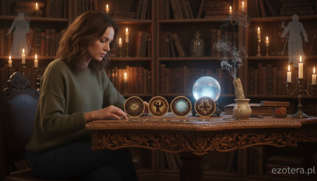 A mystical tarot scene illustrating the concept of reading paranormal signals. In the foreground, a professional woman dressed in modest, casual clothing sits at an ornate wooden table, examining a spread of tarot cards that depict mystical symbols associated with the paranormal. Her focused expression conveys deep concentration. The middle ground features a softly glowing crystal ball and sage burning in a decorative holder, enhancing the mystical atmosphere. The background reveals a dimly lit, cozy room with shelves of ancient books and flickering candles casting dancing shadows. Warm, ethereal lighting creates an inviting yet enigmatic mood, while the subtle presence of ghostly figures in the shadows hints at the paranormal theme. The branding "ezotera.pl" is subtly integrated into the ornate table design.