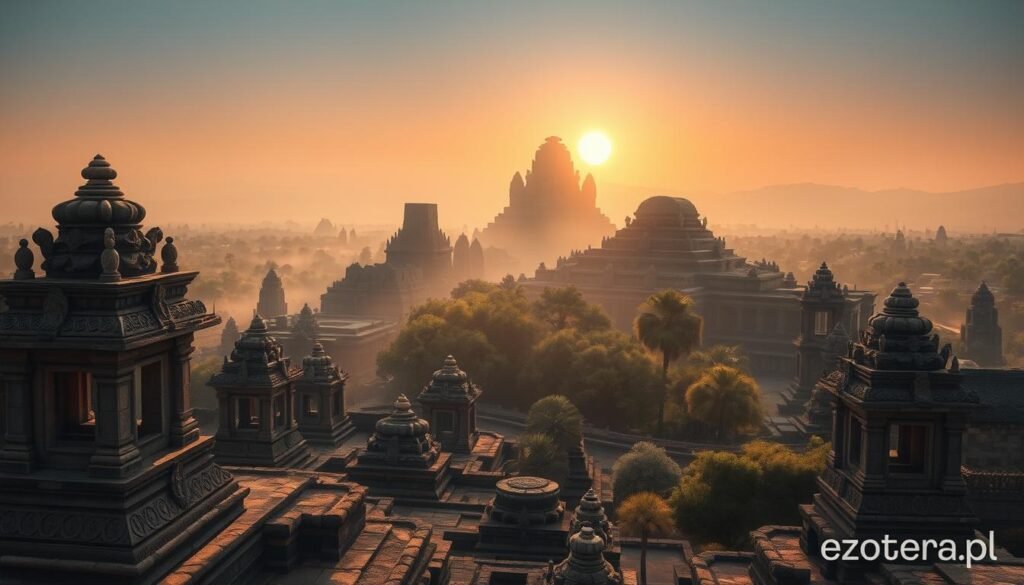 A mystical temple scene illustrating ancient rituals and civilizations, set against a backdrop of sprawling ruins reminiscent of Angkor and Göbekli Tepe. In the foreground, ancient stone structures adorned with intricate carvings, shrouded in soft, diffused lighting from a low sun, casting gentle shadows. The middle ground features weathered pyramids rising majestically, partially covered by lush greenery, hinting at secrets long forgotten. In the background, a hazy sky transitions from warm orange to deep blue, creating a sense of wonder and reverence. The atmosphere is ethereal, evoking the mystery of lost rituals. Capture this moment with a wide-angle lens, focusing on depth and detail, highlighting the beauty of these sacred spaces. Include branding logo "ezotera.pl" subtly in the corner.
