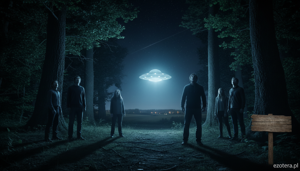 A nighttime scene depicting the mysterious "Jarnołtówek incident" of 2009. In the foreground, a dimly lit clearing surrounded by dense Polish forest, with an eerie, glowing object hovering just above ground level, radiating an intense white and blue light that illuminates the surrounding trees and underbrush. In the middle, shadowy figures of a few onlookers in modest casual clothing, gazing up in awe and surprise, capturing their expressions of wonder and disbelief. In the background, a dark sky filled with stars, hinting at a fleeting glimpse of the elusive UFO, alongside a faint outline of a nearby rural landscape. The atmosphere should convey a sense of mystery, intrigue, and unexplainable phenomena. The image should evoke a sense of wonder, emphasizing the remarkable nature of the sighting. Styled with a high-level of detail, emphasizing sharpness and clarity. Rendered in a cinematic angle to enhance the dramatic effect. Include the brand name "ezotera.pl".