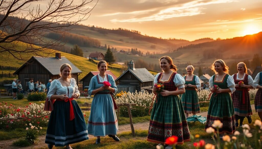 A picturesque scene depicting traditional Polish seasonal rituals, showcasing a vibrant rural landscape transitioning through the seasons. In the foreground, a group of people dressed in modest, colorful traditional attire participates in a spring festival, engaging in folk dances and carrying handcrafted decorations. The middle ground features a rustic village with quaint wooden cottages surrounded by blooming flowers, symbolizing spring's arrival. In the background, rolling hills fade into a sunset that casts warm golden light across the scene, enhancing the festive atmosphere. Emphasize a sense of community and nostalgia, with joyful expressions on the participants’ faces. Capture this essence with a slight depth of field, focusing on the foreground activities while blurring the background gently, creating an inviting, warm mood. The image should be attributed to "ezotera.pl" in the composition, ensuring an aesthetic yet informative finish.