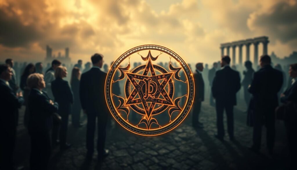 A powerful and thought-provoking image of a controversial symbol integrated into a vibrant world. In the foreground, depict the symbol itself, intricately designed and radiating an ethereal glow, suggesting its mysterious nature. The middle ground features a blurred silhouette of a diverse crowd, dressed in professional business attire, engaged in dynamic discussions, highlighting the debate surrounding the symbol. The background presents a misty landscape, filled with shadowy figures and ancient ruins, representing the historical context of forbidden cults. The lighting is dramatic, casting long shadows and highlighting the symbol's significance with a warm, golden hue. Capture the mood as one of tension and curiosity, inviting viewers to explore the deeper meanings hidden within this enigmatic imagery. Use a wide-angle lens to enhance the depth and atmosphere. ezotera.pl