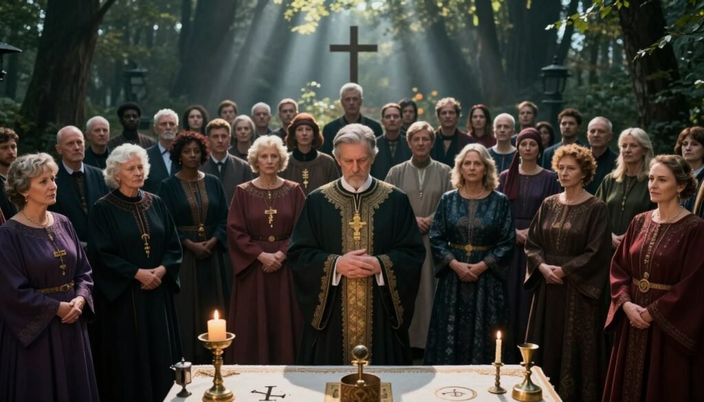 A powerful scene depicting "władza" in a ritual setting, showcasing a diverse group of individuals representing different statuses, ages, and genders. In the foreground, a solemn figure in elegant, sophisticated attire, symbolizing authority, stands at a ceremonial altar adorned with ancient symbols and artifacts. The middle ground features participants engaged in a collective ritual, their expressions reflecting a mix of reverence and determination. The background reveals a shadowy, atmospheric forest, with beams of ethereal light filtering through the trees, creating a mystical ambiance. The scene is shot from a slightly elevated angle to encapsulate both the intimate and grand aspects of the ritual. Focus on rich, deep colors and dramatic contrasts to enhance the mood of power and transition. The overall composition conveys the significance of status, age, and gender in shaping ritual character. ezotera.pl