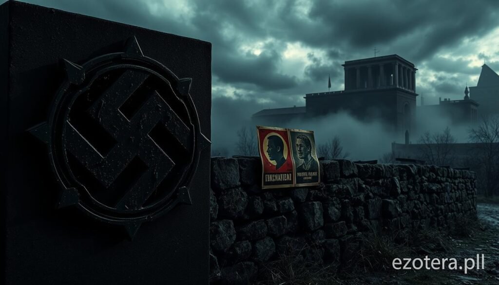 A powerful, stark image capturing the essence of symbols associated with war crimes and totalitarianism. In the foreground, an intricately detailed, distressed emblem resembling a dark, twisted version of a historical symbol, with sharp edges and ominous shadows. In the middle ground, a weathered stone wall, partially covered with faded propaganda posters, featuring abstract shapes that evoke fear and repression. The background shows a desolate landscape, shrouded in heavy mist, with darkened skies and silhouettes of looming, oppressive structures. The lighting is dim and dramatic, casting long shadows to enhance the mood of foreboding and contemplation. This image reflects the grave subject of the section, perfect for illustrating the themes of the article. Branding should subtly incorporate "ezotera.pl".