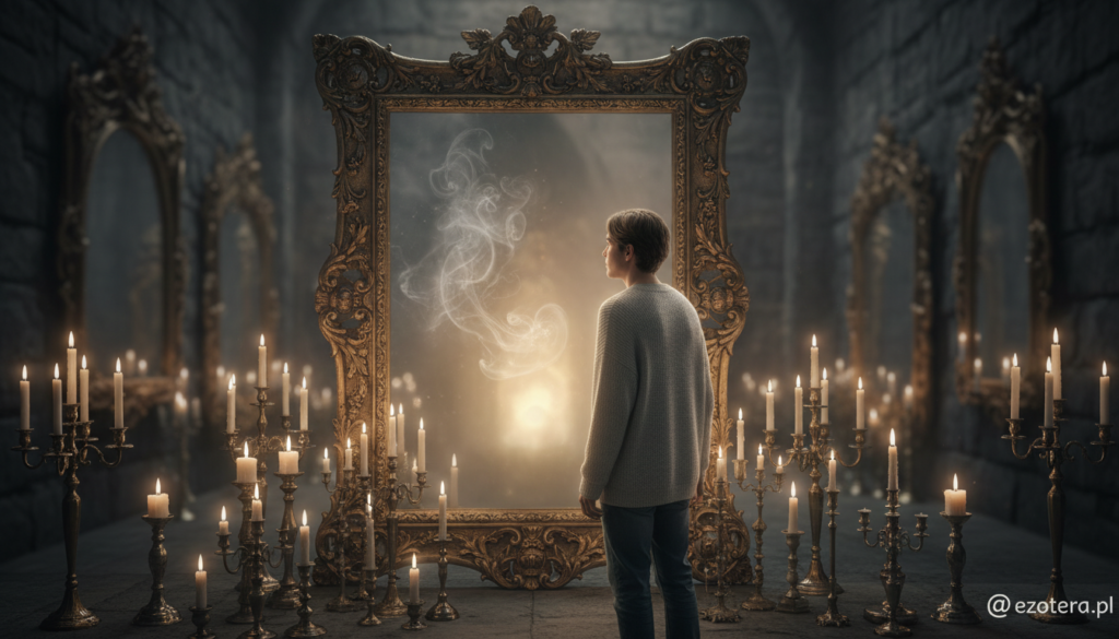A reflective mirror stands prominently in a dimly lit room, surrounded by flickering candlelight that casts soft shadows, creating an ethereal atmosphere. The mirror’s ornate frame is intricately designed, showcasing vintage styles, while a faint mist swirls near its surface. In the foreground, a figure dressed in modest casual attire gazes into the mirror, their expression a mix of curiosity and wonder. The middle ground features a subtle glow emanating from the mirror, hinting at the idea of it being a portal to another world. In the background, dark, softly blurred walls enhance the mystery, with faint outlines of other mirrors suggesting a labyrinth of reflections. The image conveys a sense of enchantment and intrigue, embodying the legend of mirrors as gateways to other realms. Design credit: ezotera.pl.