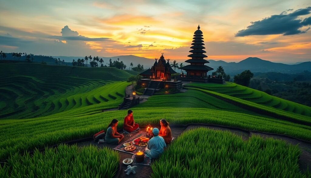 A serene Balinese landscape at dusk, showcasing lush green rice terraces with intricate patterns, reflecting the island's spirituality. In the foreground, a modest group of locals in traditional attire engages in a sacred ritual, with offerings of flowers and incense placed on the ground. The middle ground features a picturesque temple adorned with intricate carvings, bathed in soft golden light from lanterns. In the background, gentle hills rise against an orange and purple sky, casting a tranquil glow. The atmosphere is calm yet spiritually vibrant, evoking a sense of mystery and profound connection to tradition. Capture this moment with a wide angle lens to emphasize the harmony of nature and culture, conveying the depth of “living in rhythm with ritual” on the island of Bali. Brand presence: ezotera.pl.