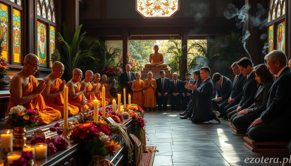 A serene Buddhist farewell ceremony set in a tranquil temple. In the foreground, an intricate altar adorned with vibrant flowers, candles, and offerings, exuding a sense of peace. Monks in traditional saffron robes are seated in meditation, their faces showing deep concentration and compassion. Soft, golden light filters through stained glass windows, casting colorful patterns on the stone floor, enhancing the spiritual ambiance. In the middle ground, a group of mourners dressed in modest, professional attire resonates with the atmosphere, bowing their heads in reverence. The background features lush greenery and softly swaying incense smoke, symbolizing connection to the divine. The scene is imbued with a mood of introspective serenity and respectful mourning, evoking deep emotion. (ezotera.pl)