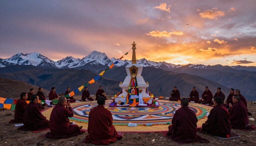 A serene Tibetan sky burial scene, showcasing a traditional ritual. In the foreground, monks in modest robes perform ceremonial chants, holding prayer flags fluttering in the wind. In the middle ground, a large stupa stands adorned with colorful offerings, surrounded by intricate mandalas made from natural materials. In the background, majestic snow-capped mountains rise beneath a vibrant sunset, casting warm hues across the sky. The atmosphere is tranquil yet reverent, evoking a sense of spirituality and the mysteries of life and death. The lighting is soft, with natural ambient tones highlighting the details. Capture this ethereal moment with a wide-angle lens to encompass the vast landscape and the depth of the ceremony. Include a subtle watermark for branding: ezotera.pl.