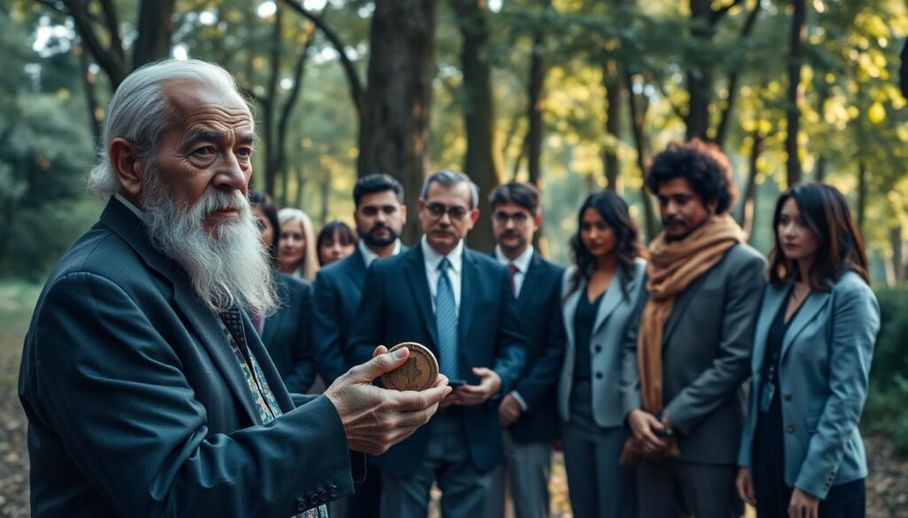 A serene and contemplative scene depicting a traditional ritual of passage, showcasing a group of diverse individuals in professional business attire, standing together in a circle. In the foreground, an elder with wise eyes holds a symbolic artifact, representing the wisdom of generations. The middle ground reveals participants of various ages, reflecting unity and support, each displaying reverence. The background features a softly lit forest, with dappled sunlight filtering through trees, conveying a sense of tranquility and connection to nature. The atmosphere is one of reflection and significance, inviting viewers to ponder their own place within a community. Use natural colors to enhance the mood, and ensure the composition maintains a balanced perspective. This image should evoke a sense of depth and tradition, perfect for illustrating themes of hidden rituals and their impacts. Created for ezotera.pl.