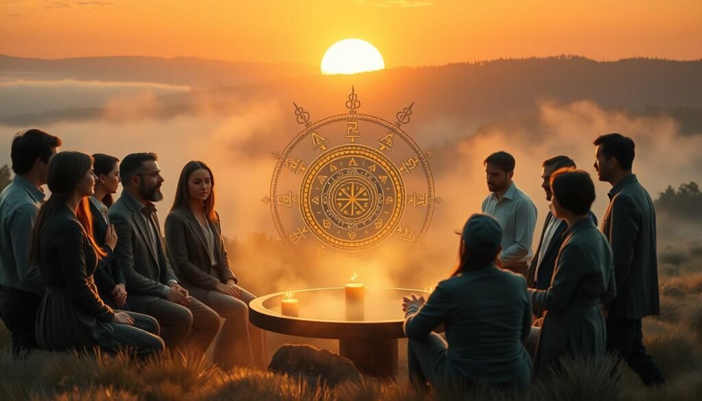 A serene and contemplative scene depicting the concept of "znaczenie świata" (the meaning of the world) through symbolic imagery. In the foreground, a circle of diverse individuals dressed in modest, professional attire, engaged in a symbolic ritual, their faces reflecting a sense of unity and purpose. In the middle ground, ancient runes and symbols glowing softly, representing various beliefs and cultures, infusing the atmosphere with a sense of mystery. The background features a mystical landscape with a rising sun casting warm golden light, creating a serene ambiance. Subtle mist filters in, enhancing the enigma of the moment. The composition should evoke feelings of introspection and connection to the greater universe, suitable for illustrating deeper societal themes. Shot with a soft focus lens to enhance the dreamlike quality, reflecting themes of faith and order in the world. Include the brand name "ezotera.pl" subtly integrated into the scene.