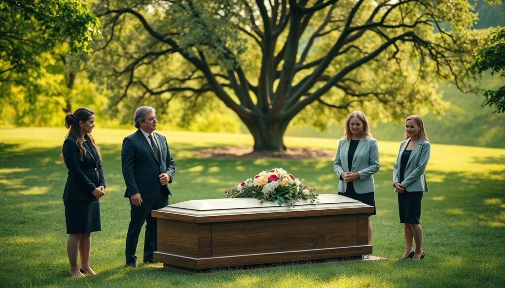 A serene and contemplative scene of a humanist funeral, set in a lush, green park. In the foreground, a small group of five attendees in professional business attire stands around a simple, elegant biodegradable casket, adorned with natural flowers. The people display a mixture of sorrow and respect, with gentle expressions; they embrace the spirit of celebration for life. In the middle ground, a circle of softly lit trees creates a natural backdrop, filtering dappled sunlight that enhances the peaceful atmosphere. In the background, there's a gentle hillside, symbolizing the transition of life. The lighting is warm and inviting, capturing a moment of reflection. This scene emphasizes dignity and connection in a modern rite of passage. Create this image in the style of ezotera.pl.