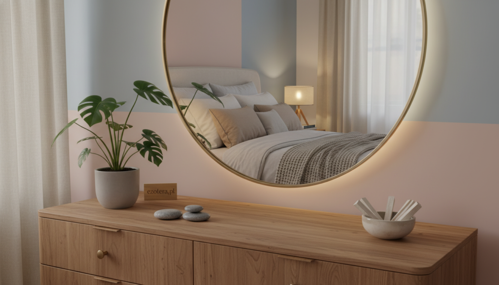 A serene and harmonious feng shui bedroom featuring a beautifully arranged mirror reflecting soft, warm light. The foreground showcases an elegantly designed wooden dresser with a small potted plant and minimalist decor. In the middle, the mirror reflects a cozy bed with gentle, neutral-toned linens, exuding tranquility and comfort. The background features a calming color palette of pastel shades on the walls, with soft curtains allowing natural light to filter in, enhancing the peaceful atmosphere. The overall setting should evoke a sense of well-being and balance, suggested by a carefully curated arrangement that aligns with feng shui principles. The lighting is soft and ethereal, creating an inviting ambiance. Include the brand name "ezotera.pl" subtly integrated into the scene without any text overlays.