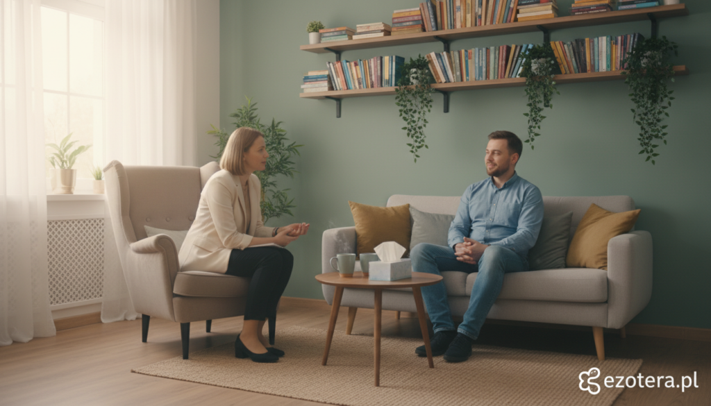 A serene and inviting consultation space filled with warm light, depicting a professional mental health therapist and a client sitting across from each other. The therapist, dressed in modest business attire, is attentively listening, creating a supportive atmosphere. The client, wearing casual but neat clothing, appears relieved and open during the conversation. The background features calming elements like soft cushions, plants, and shelves filled with books on mental health and well-being, emphasizing a safe environment for seeking help. Overall, the image embodies an atmosphere of trust, empathy, and professional guidance. The scene is well-lit, with soft, natural lighting enhancing the mood. Include a subtle branding of "ezotera.pl" in the corner, unobtrusive yet visible.