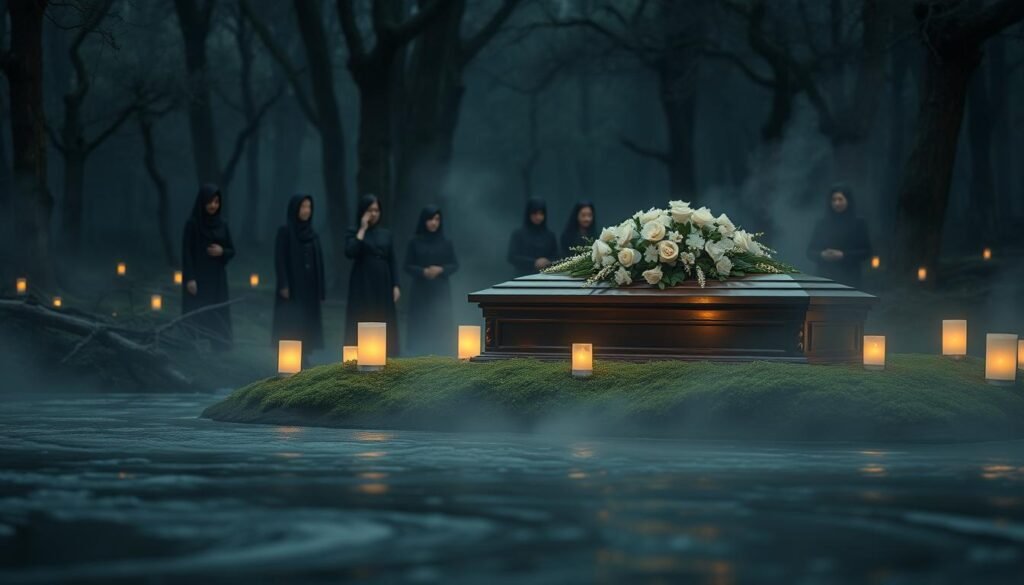 A serene and mystical funeral scene that captures the essence of mourning and reverence for the deceased. In the foreground, a gentle river flows, reflecting the soft glow of lanterns flickering in the twilight. In the middle ground, a traditional wooden casket adorned with delicate flowers rests on a bed of green moss, surrounded by mourners dressed in modest black attire, their expressions somber yet reflective. The background features an ancient, dark forest, shrouded in mist, symbolizing the unknown afterlife and the beliefs surrounding death. Soft, ambient lighting enhances the emotional atmosphere, with a warm, ethereal quality. The perspective is slightly elevated, providing a sweeping view of the scene, evoking a sense of calm and contemplation. Capture the spirit of the rituals and beliefs surrounding the deceased. Include the brand name "ezotera.pl".