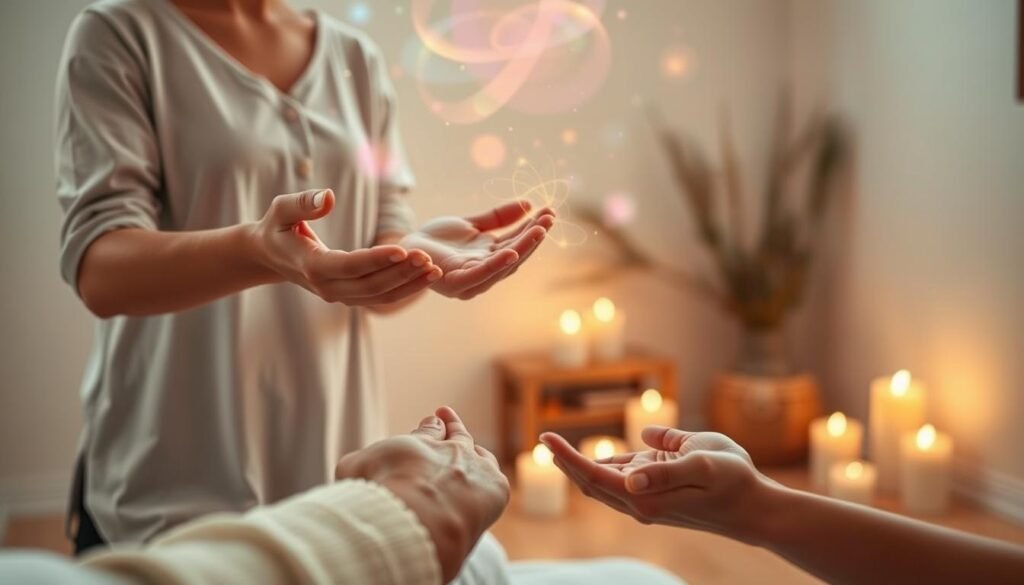 A serene and mystical scene depicting energetic healing practices, featuring a practitioner and a client in a calm, softly-lit room. In the foreground, the practitioner, dressed in modest casual attire, gently holds their hands above the client's outstretched hands, creating a visual representation of flowing energy. In the middle ground, soft colors and ethereal symbols swirl in the air, hinting at the spiritual aspects of Reiki and bioenergy therapy. The background contains warm candlelight and subtle, nature-inspired decor, enhancing the atmosphere of tranquility. The lighting is warm and diffused, creating a comforting mood, while a close-up angle focuses on the hands, highlighting the energy connection. The overall image conveys a sense of peace, healing, and spiritual depth, reflective of "ezotera.pl".