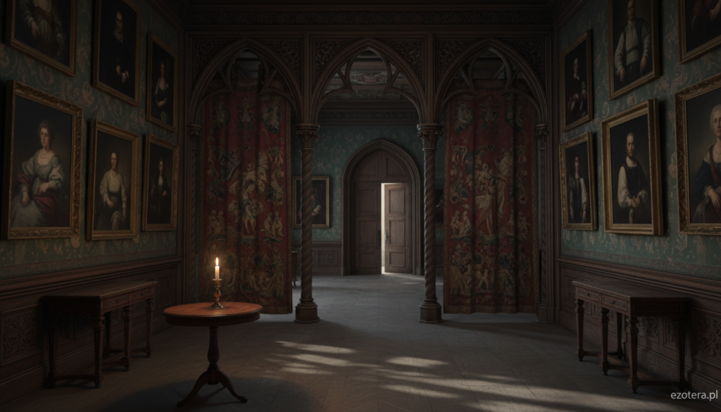 A serene and slightly eerie interior of an old, luxurious duchy, showcasing an expansive, dimly lit hallway with intricate woodwork and vintage portraits lining the walls. In the foreground, a soft, flickering candle illuminates a small table, casting dancing shadows that enhance the sense of presence. The middle ground features elegant arches, adorned with rich tapestries that hint at historical significance. In the background, a faintly open door echoes an inviting yet ominous atmosphere, suggesting something unseen beyond. The overall color palette includes deep, muted tones with hints of gold reflecting off polished surfaces, creating an air of mystery. The mood is contemplative and slightly unnerving, evoking curiosity about the unknown. The image should embody the essence of mysterious experiences within a duchy, capturing the essence of "ezotera.pl".