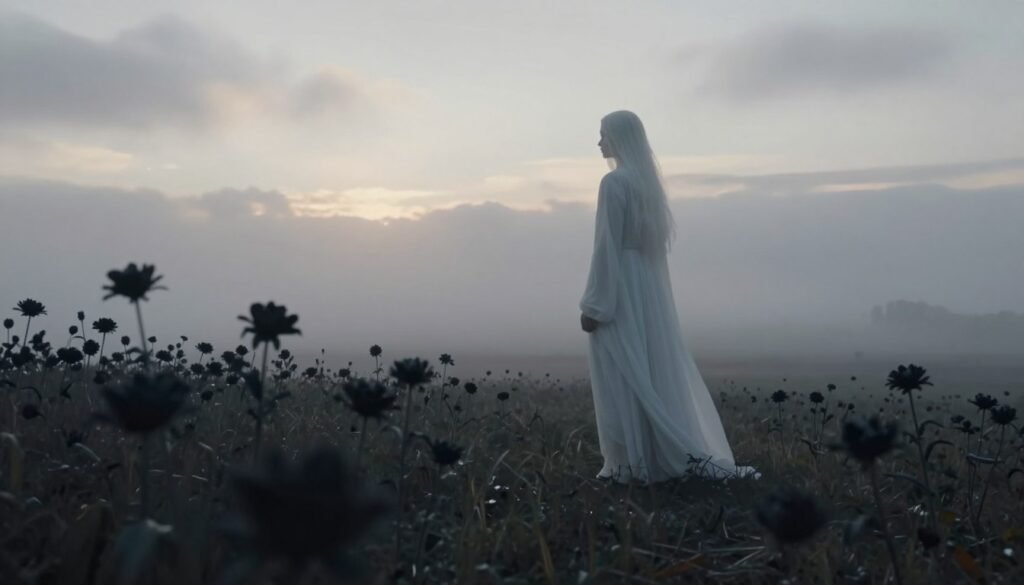 A serene and somber landscape depicting the theme of mourning after death. In the foreground, delicate black flowers symbolize grief, softly illuminated by gentle, diffused lighting, creating a melancholic yet peaceful atmosphere. In the middle ground, an ethereal figure dressed in modest, flowing white attire stands contemplatively, gazing towards the horizon, representing the spirit of the departed. The background reveals a misty, tranquil landscape with fading sunlight filtering through soft gray clouds, evoking a sense of loss and remembrance. The overall scene should radiate an air of reflection and connection, embodying the enduring bonds that linger after death. The image should be visually balanced, conveying both sadness and hope. Captured with a soft-focus lens to enhance the dreamlike quality, suitable for ezotera.pl.