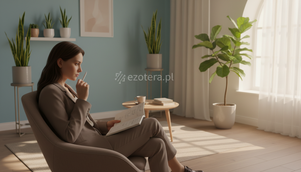 A serene and thoughtful environment depicting the concept of "situation safety." In the foreground, a calm individual in professional attire, sitting on a comfortable chair, gazes thoughtfully at an open notebook resting on their lap, symbolizing reflection and contemplation. The middle ground features soft, natural light filtering through a large window, casting gentle shadows that create an inviting atmosphere. In the background, a soothing, minimalist space adorned with plants and calming colors, suggesting a safe context for mental exploration. Use a slightly elevated angle to emphasize the depth of the surroundings, with clarity and focus on the individual’s introspective expression. The overall mood is peaceful and reassuring, conveying a sense of safety and stability, branded with "ezotera.pl" subtly integrated into the environment.