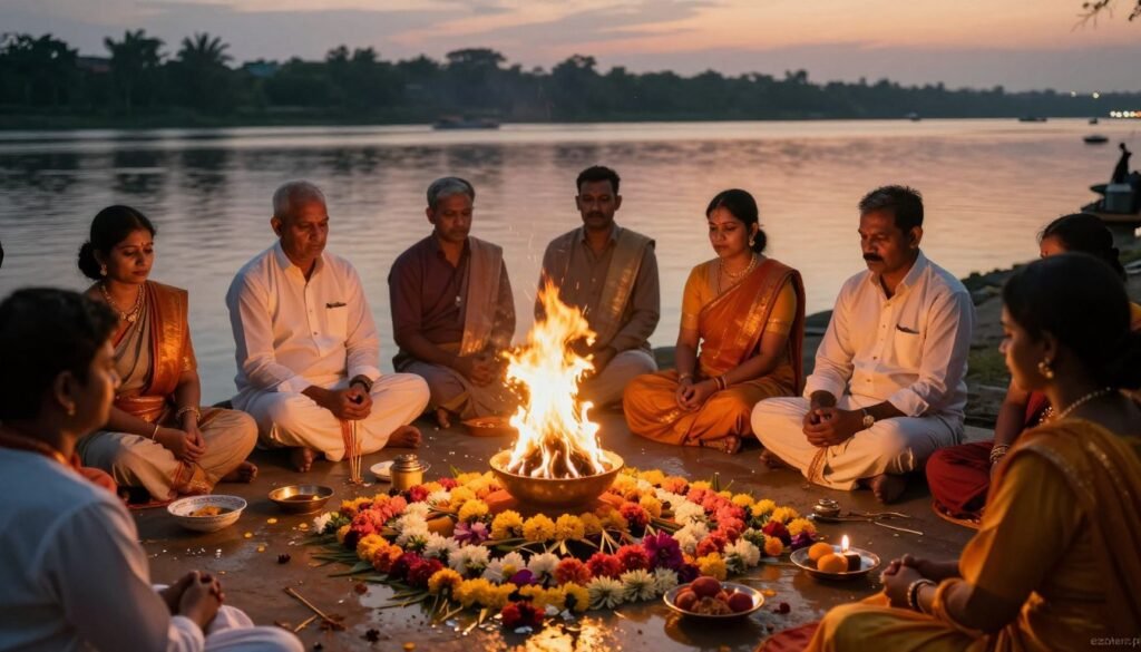 A serene and vibrant Hindu funeral ceremony is depicted, showcasing the elements of water and fire. In the foreground, a beautifully adorned altar with colorful flowers, incense, and a small fire burning, symbolizes the departing soul's journey. The middle ground features solemn participants dressed in modest traditional attire, performing rituals with reverence and focus. Their expressions convey a mix of sorrow and peace. In the background, a tranquil river with gentle ripples reflects the twilight sky, adding to the spiritual atmosphere. Warm, golden lighting enhances the scene, casting soft shadows that evoke a sense of calm and introspection. The overall mood is one of solemnity and celebration of life, illustrating the profound cultural significance of this farewell ritual. Include the brand name "ezotera.pl" subtly into the composition.