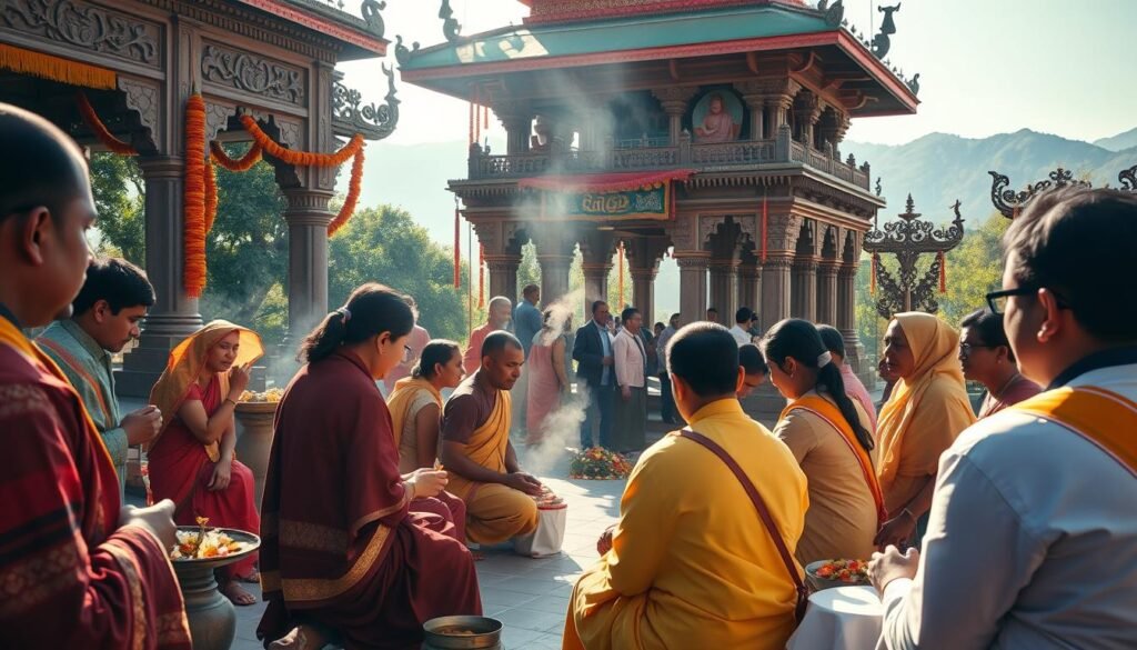 A serene and vibrant scene depicting traditional rituals in India, capturing the essence of Buddhism and Hinduism in daily life. In the foreground, a group of individuals dressed in modest traditional attire, including colorful saris and kurtas, are engaged in a ceremonial gathering, performing offerings with delicate flowers and incense. The middle ground showcases intricate temple architecture adorned with carvings and festive decorations, creating a spiritual ambience. In the background, lush greenery and distant mountains add depth to the scene under soft, warm sunlight filtering through, casting gentle shadows. The atmosphere is tranquil and reverent, inviting the viewer into this sacred moment. The image should evoke a sense of cultural richness and spiritual connection, embodying the title "rytuały". Include the branding "ezotera.pl" subtly within the scene.