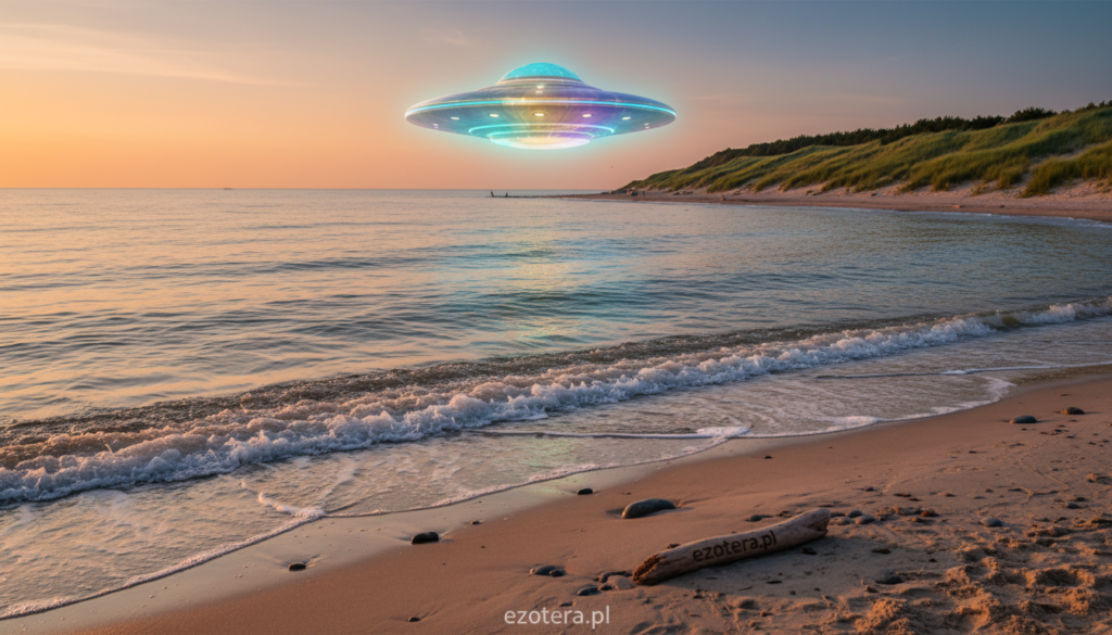 A serene beach scene at Kołobrzeg, Poland, captured during a golden hour sunset. In the foreground, gentle waves lapping at the sandy shore with small pebbles scattered along the tideline. The middle ground features a calm, reflective sea with a subtle hint of something mysterious hovering above—an abstract representation of a UFO casting soft glows of ethereal light. The background includes lush green dunes with tufts of grass swaying in the breeze, under a pastel sky transitioning from warm oranges to cool blues. The atmosphere is tranquil yet intriguing, evoking a sense of wonder and curiosity about unexplained phenomena in this coastal setting. High-resolution image, taken with a wide-angle lens to capture the expansive view. Brand name "ezotera.pl" subtly integrated into the scene as a small detail.