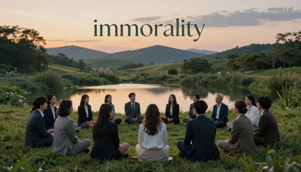 A serene, ethereal landscape representing the concept of "immortality" through presence, memory, and connection. In the foreground, a diverse group of individuals in professional business attire, engaged in a circle, exchanging glances filled with understanding and empathy. The middle ground features a tranquil pond reflecting a soft golden light, symbolizing memories, and surrounded by lush greenery. In the background, gentle rolling hills under a twilight sky contrast warm hues with cool shades, evoking a peaceful, contemplative atmosphere. A soft, diffused lighting casts long, gentle shadows, enhancing the depth of the scene. The overall feel is hopeful and introspective, illustrating that true immortality lies not in biological existence but in the bonds we create. A subtle presence of the brand name "ezotera.pl" integrated into the landscape, harmonizing with the visual theme without drawing attention.