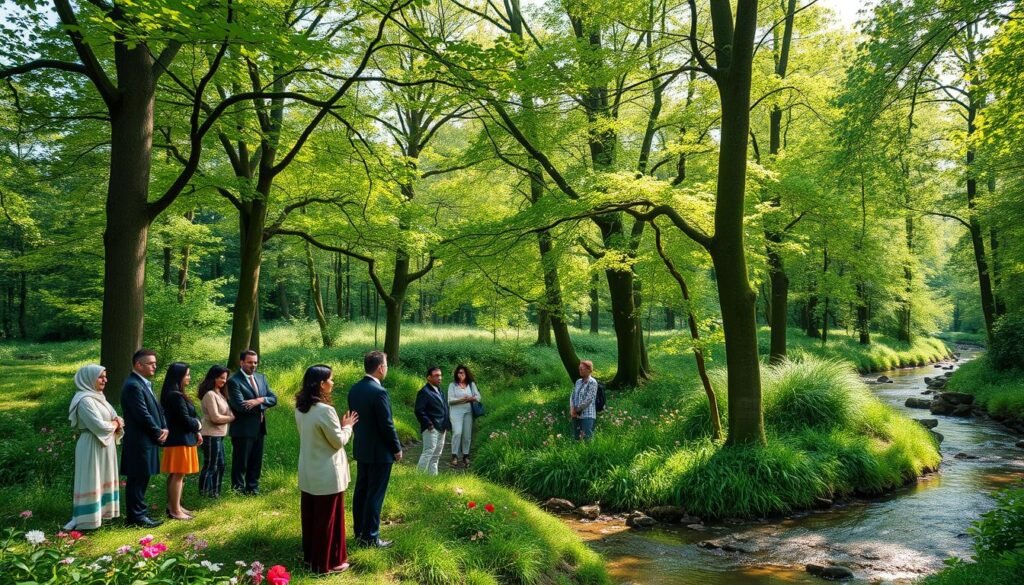 A serene forest scene showcasing the theme of "respect for nature." In the foreground, a diverse group of people dressed in professional business attire, representing various cultures, are engaging in a respectful dialogue about the environment. The middle ground features lush, green trees, vibrant flowers, and small wildlife, illustrating a thriving ecosystem. In the background, a gentle stream flows, reflecting dappled sunlight filtering through the leaves, casting soft light patterns on the ground. The atmosphere is peaceful and contemplative, conveying a sense of unity and reverence for natural beauty. High-resolution, captured with a wide-angle lens to emphasize depth and detail. Ideal for representing universal values embedded in hidden traditions. ezotera.pl