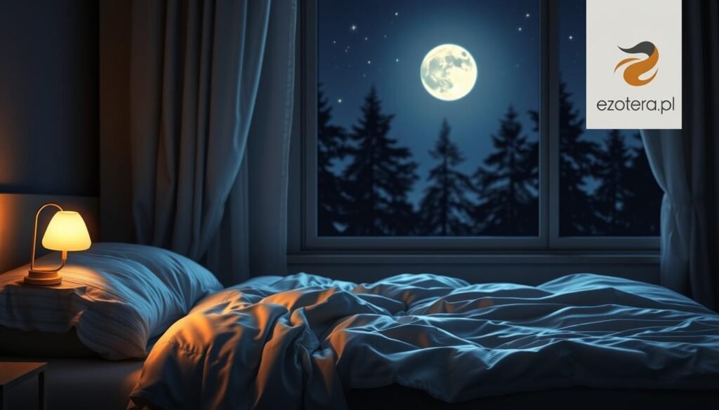 A serene night scene illustrating the concept of "sleep quality," set in a cozy bedroom environment. In the foreground, a neatly made bed with soft, inviting blankets invites tranquility. On the bedside table, a peaceful lamp emits a gentle, warm glow creating a calming atmosphere. In the middle ground, a window reveals a moonlit night sky, with twinkling stars visible, suggesting serenity and contemplation. The background features softly blurred silhouettes of tall trees swaying gently in the night breeze, enhancing the sense of peacefulness. The overall mood is tranquil and introspective, emphasizing the importance of night rituals for restful sleep. Use soft lighting to evoke calmness and serenity. Include a subtle logo of "ezotera.pl" discretely in one corner of the image, without drawing attention away from the scene.