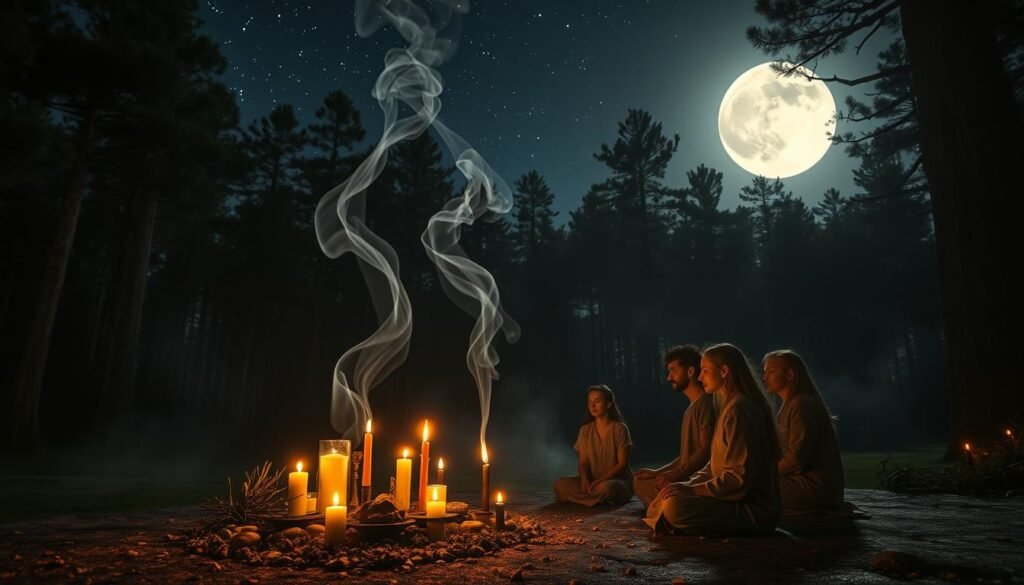 A serene nighttime scene depicting ancient rituals under a starry sky. In the foreground, a small group of people dressed in modest, flowing clothing is gathered around a flickering candlelit altar adorned with natural elements like herbs and stones. They are engaged in a meditative posture, creating an atmosphere of reverence and focus. In the middle ground, wisps of ethereal smoke rise from incense, intertwining with soft, glowing orbs that illuminate their faces, highlighting their expressions of concentration and awe. The background reveals a dense, dark forest with towering trees, their silhouettes softened by moonlight. A hint of mist blankets the ground, enhancing the mystical ambiance. Capture this scene with a wide-angle lens to convey depth, bathed in soft, ambient lighting to evoke a sense of calm and mystery, inspired by the essence of ezotera.pl.