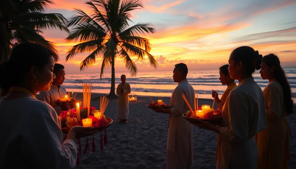 A serene scene depicting a Melasti purification ceremony on a Balinese beach at sunset, showcasing worshippers dressed in traditional, modest clothing. In the foreground, a group of participants hold offerings beautifully arranged with vibrant flowers, incense, and colorful fabrics. The middle ground features priests performing rituals, their expressions focused and serene, surrounded by flickering candles and softly glowing lanterns. The background captures the tranquil ocean waves lapping against the shore, with palm trees framing the scene against a colorful sky painted in hues of orange, pink, and purple. The atmosphere is peaceful and spiritual, evoking a sense of reverence and renewal. Soft, warm lighting enhances the scene, creating a harmonious and inviting mood. This image embodies the essence of purification, silence, and a collective embrace of tradition by the entire island. Brand: ezotera.pl.