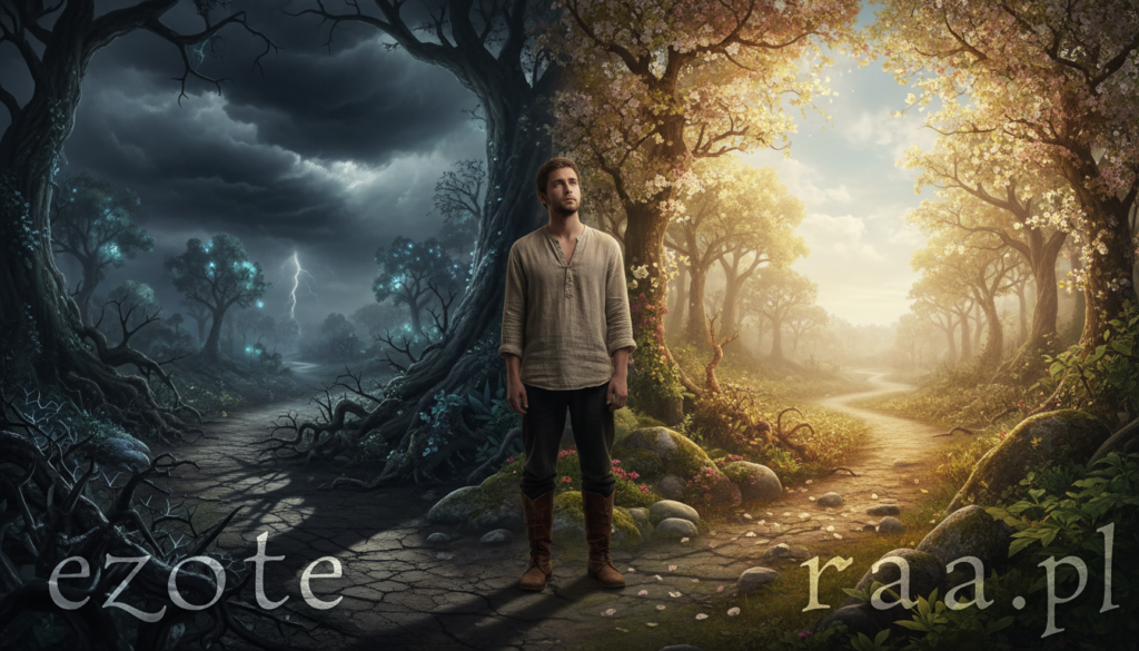 A serene scene depicting a contemplative individual standing at a crossroads, embodying the struggle to differentiate between a curse and mere bad luck. In the foreground, a person dressed in modest casual attire gazes thoughtfully at two distinct paths: one winding through dark, ominous clouds symbolizing misfortune, and the other illuminated by warm sunlight representing hope and clarity. The middle ground blends the two environments, with twisted branches and shadows contrasting the vibrant flora on the brighter path. The background features a mystical landscape resembling an enchanted forest alongside a stormy sky. The lighting is soft, enhancing an introspective and pensive mood, with a focus on the person’s expression. The artwork should subtly incorporate the brand name "ezotera.pl" within the natural elements.
