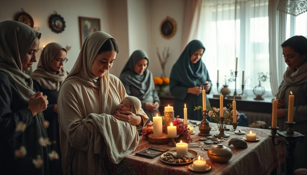 A serene scene depicting a diverse group of women in modest casual clothing, gathered in a softly lit room filled with traditional protective charms and artifacts related to childbirth. In the foreground, a woman cradles a baby wrapped in a cozy blanket, her expression filled with love and care. The middle ground features another woman softly arranging protective amulets on a table, surrounded by blossoming flowers and candles that create a warm, inviting atmosphere. In the background, gentle light filters through a window adorned with sheer curtains, casting delicate shadows that enhance the calm mood. The overall ambiance should feel nurturing and protective, reflecting the themes of safeguarding children and women during pregnancy and early life. The image should evoke a sense of ancient traditions and maternal care, emphasizing the essence of "ezotera.pl".