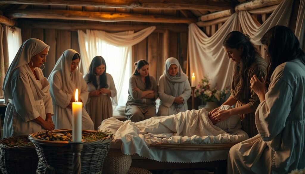 A serene scene depicting a sacred childbirth ritual, set in a softly lit, rustic room with wooden beams. In the foreground, a diverse group of women, dressed in modest, traditional clothing, gently assist a birthing woman on a comfortable birthing bed, surrounded by natural elements like woven baskets and herbal arrangements. In the middle ground, a flickering candle casts a warm, golden glow, highlighting the figures engaged in the protective rituals, such as laying protective charms around the newborn. The background features softly colored, draped fabrics and delicate flowers, creating an atmosphere of calm and reverence. Emphasize the emotional connection among the participants, reflecting a sense of community and warmth. The image should evoke a feeling of sacred tradition and unity, ideal for the theme of forgotten rituals. Include the watermark "ezotera.pl" subtly in one corner.