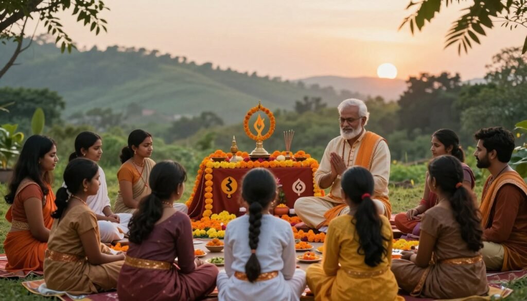 A serene scene depicting the Upanajana initiation ritual in a lush, tranquil setting. In the foreground, a group of individuals dressed in modest, traditional Indian attire, including a teacher and students, engage in a ceremonial gathering, exchanging blessings and wisdom. The middle layer features a beautifully adorned altar decorated with vibrant marigold flowers, incense, and sacred symbols reflecting Hindu culture. In the background, gentle green hills and a softly illuminated sky at dawn evoke a sense of hope and new beginnings. The lighting is warm and inviting, creating an atmosphere of reverence and transformation. The image should convey a sense of peace and spirituality, with the brand name "ezotera.pl" subtly integrated into the scene's elements, enhancing the cultural richness without distraction.