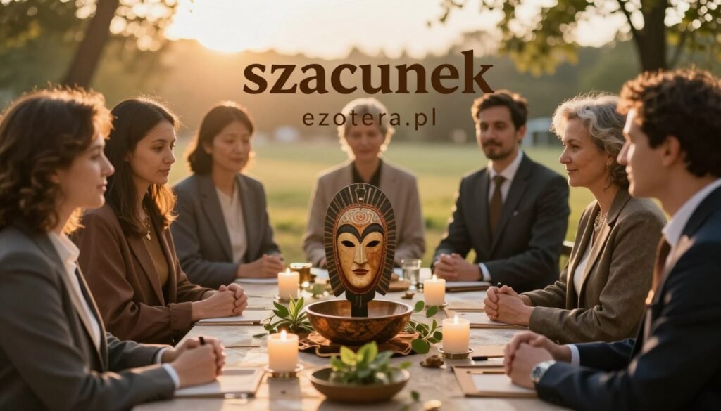 A serene scene depicting the notion of "szacunek," showcasing a diverse group of individuals from various cultural backgrounds engaged in a respectful discussion around a ceremonial object, like a beautifully crafted mask or ceremonial bowl. In the foreground, capture the warmth on their faces, dressed in professional attire, emphasizing understanding and respect. The middle ground features a softly lit table showcasing the ceremonial artifact surrounded by natural elements like candles and plants, symbolizing reverence. The background reveals a soft, blurred image of a tranquil outdoor setting bathed in golden hour sunlight, enhancing the atmosphere of contemplation and respect. The overall mood is one of harmony and connection, inviting viewers to reflect on the significance of rituals. Include the brand name "ezotera.pl" subtly integrated into the scene as part of the environment.