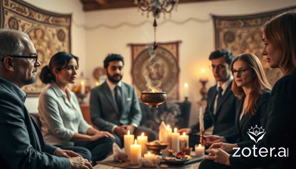 A serene, softly lit room filled with captivating ritual objects, such as candles, crystals, and symbolic artifacts. In the foreground, a diverse group of four individuals in professional business attire engages in a ritualistic circle, showcasing focused expressions and serene postures that represent psychological connection and shared intent. In the middle, various ritual tools like a small, ornate bowl and incense hover gently in the air, subtly illuminated by warm candlelight. In the background, delicate tapestries adorn the walls, evoking a sense of ancient wisdom. The atmosphere is tranquil and introspective, suggesting a blend of tradition and modern psychological insight. Ideal for the theme of "psychologia rytuałów," reflecting the real impact of rituals in daily life. Soft bokeh effect enhances the dreamlike quality. Signature logo "ezotera.pl" subtly placed in the corner.