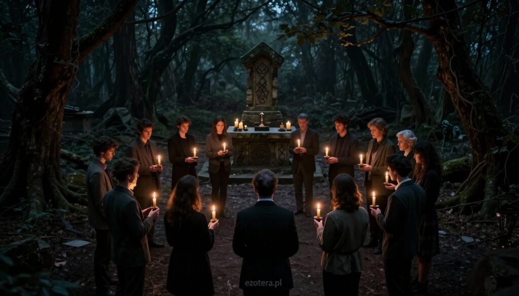 A shadowy, dimly lit forest clearing serves as the backdrop, with twisted trees and ominous shadows suggesting an air of mystery and secrecy. In the foreground, a small group of people dressed in modest, professional attire stands in a tight circle, their expressions serious and focused, as they engage in a ritualistic activity, holding candles that flicker with a soft, eerie glow. The middle ground reveals an ancient stone altar adorned with symbols and objects that hint at dark rituals. The overall lighting is low and atmospheric, creating dramatic contrasts between light and shadow. The angle is slightly elevated, capturing the intensity and secrecy of the scene. The mood is tense and foreboding, evoking a sense of intrigue and caution, with the subtle branding "ezotera.pl" integrated into the atmosphere without being prominent.
