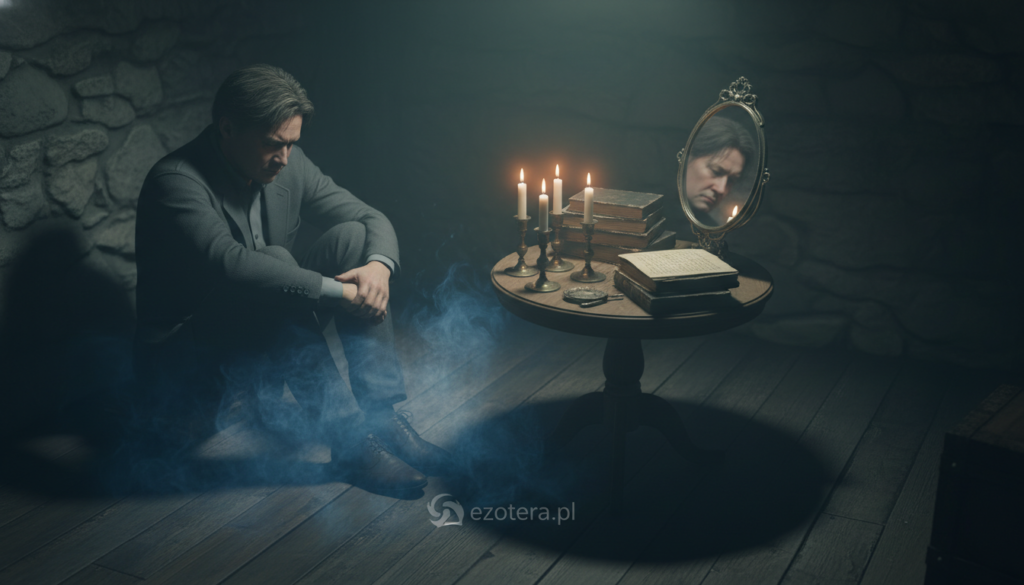 A shadowy, dimly lit room symbolizes the concept of "opętania," with a middle-aged individual dressed in modest, professional attire, seated in a corner, deep in thought. In the foreground, an ethereal mist swirls around their feet, hinting at the supernatural. The middle ground features a small table with various cultural and religious artifacts—candles, ancient texts, and a small mirror reflecting a distorted image of the person's face, representing the struggle between reality and possession. The background shows blurred outlines of darkened walls, emphasizing isolation. Soft, eerie lighting casts elongated shadows, creating an unsettling atmosphere. Capture this scene in a slightly tilted angle to convey a sense of unease and introspection. Include the brand name "ezotera.pl" subtly integrated into the decor, ensuring a safe-for-work composition.