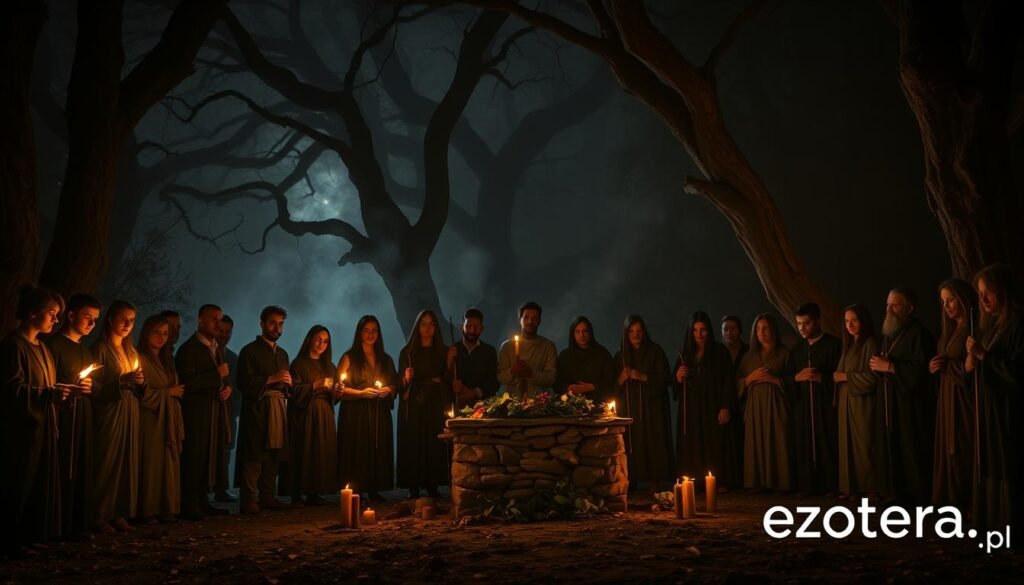 A shadowy forest clearing, illuminated by flickering torchlight, reveals a somber ceremonial scene. In the foreground, a diverse group of individuals dressed in modest, traditional attire stands in a circle, their expressions a blend of determination and reverence. They hold symbolic objects, signifying their commitment to a rite of passage. In the middle, a rustic stone altar adorned with natural elements, such as leaves and stones, serves as a focal point, while whispers of mist swirl around it. The background features ancient, gnarled trees, their branches twisting towards a starlit sky, adding an ethereal quality. The atmosphere is heavy with tension and anticipation, hinting at the transformative journey of pain and initiation. Overall, the image evokes a deep sense of connection to ancient traditions and the human experience, reflective of the theme "Rytuały cierpienia," with a logo representing ezotera.pl subtly woven into the scene.