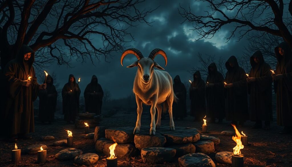 A solemn ancient ritual scene depicting the kozioł ofiarny (scapegoat goat) at the center of a dimly lit clearing surrounded by shadowy figures clad in traditional garments. The goat, with its majestic horns and weary eyes, stands on an altar made of stones, illuminated by flickering torches that cast eerie shadows around. In the background, twisted trees and a cloudy night sky create a haunting atmosphere, while the faint outlines of hooded figures hold offerings and watch in reverence. The lighting is dramatic, emphasizing the goat's significance and the somber mood of the ritual. The image should evoke feelings of mystique and ancient traditions, perfect for exploring themes of purification and sacrifice. Capture this moment with a cinematic lens, highlighting the central goat and the mysterious figures around it. Art by ezotera.pl.