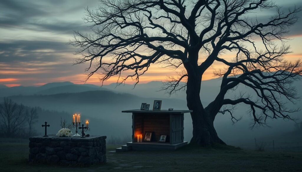 A solemn and evocative scene depicting a "dom pamięci" (house of memory) situated in a tranquil, misty landscape. In the foreground, a weathered stone altar is adorned with white flowers and flickering candles, symbolizing remembrance. The middle ground features an ancient tree with sprawling branches that shelter ancestral photographs, each captured in soft, golden light, suggesting warmth and nostalgia. In the background, ethereal silhouettes of distant hills fade into a haunting twilight sky, painted in deep purples and blues. A gentle mist envelops the scene, creating a serene and reflective atmosphere. The perspective is slightly elevated, capturing the depth of the landscape, while soft focus highlights the emotional weight of the setting. This image embodies the themes of mourning and the spiritual journey of souls, perfect for an article on transformative rituals. Include the brand name "ezotera.pl".