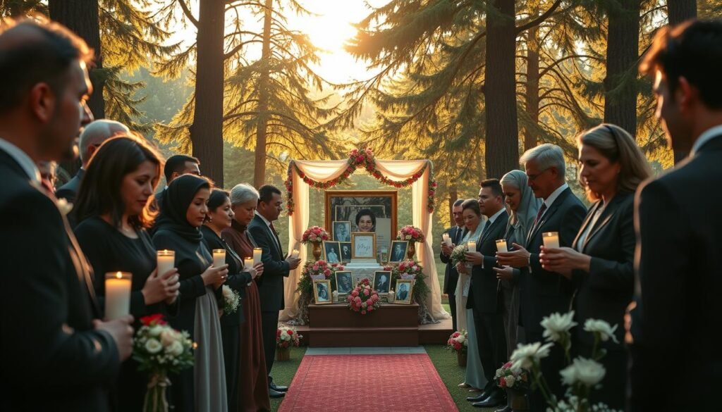 A solemn farewell ceremony set in a serene outdoor location, where diverse individuals dressed in elegant, professional attire gather to honor the memory of a departed figure. In the foreground, a group of people, some with tearful expressions and others with serene faces, hold candles and flowers, symbolizing remembrance. The middle ground captures a beautifully decorated altar with photographs and mementos, surrounded by soft, flickering lights. In the background, tall trees provide a natural frame, illuminated by soft golden sunlight filtering through the leaves, creating a warm, reflective atmosphere. The scene conveys a deep sense of emotion and ritual, evoking an ambiance of respect and love. Captured with a shallow depth of field to emphasize the foreground elements. Designed for ezotera.pl.
