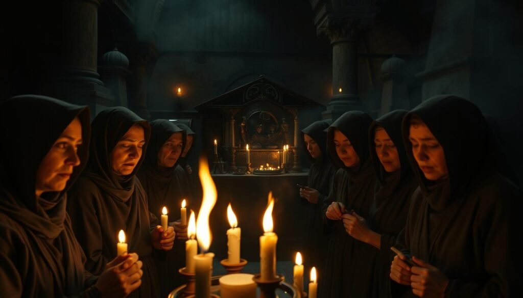 A solemn gathering of women dressed in modest, traditional clothing, engaged in ancient rituals. In the foreground, a group of women, their expressions a mix of determination and fear, holds ceremonial artifacts, surrounded by flickering candles casting an eerie glow. In the middle background, a dimly lit altar adorned with symbolic objects, reflecting both reverence and tension, establishes the ritual's significance. Shadows loom large, heightening the atmosphere of unease. The lighting is low and dramatic, highlighting the intricate details of their clothing and expressions, suggesting a story of control, shame, and the weight of tradition. The scene captures the emotional gravity of these rituals, inviting introspection and contemplation. Brand name: ezotera.pl.