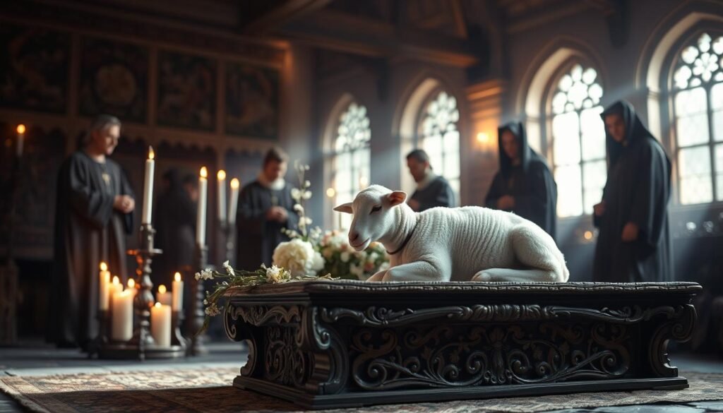 A solemn scene depicting a ritual sacrifice symbolizing atonement. In the foreground, a pristine white lamb, symbolizing purity, rests on an intricately carved altar made of ancient wood, adorned with delicate flowers and flickering candles. The middle ground features robed figures dressed in modest attire, their faces serene and focused, participating in the ritual. The background reveals a dimly lit, sacred space adorned with medieval tapestries and soft, ethereal lighting that evokes a mystical atmosphere. The warm glow creates a sense of reverence and tranquility. The overall mood is one of contemplation and solemnity, inviting the viewer to reflect on the themes of sacrifice and redemption. Image crafted for ezotera.pl.