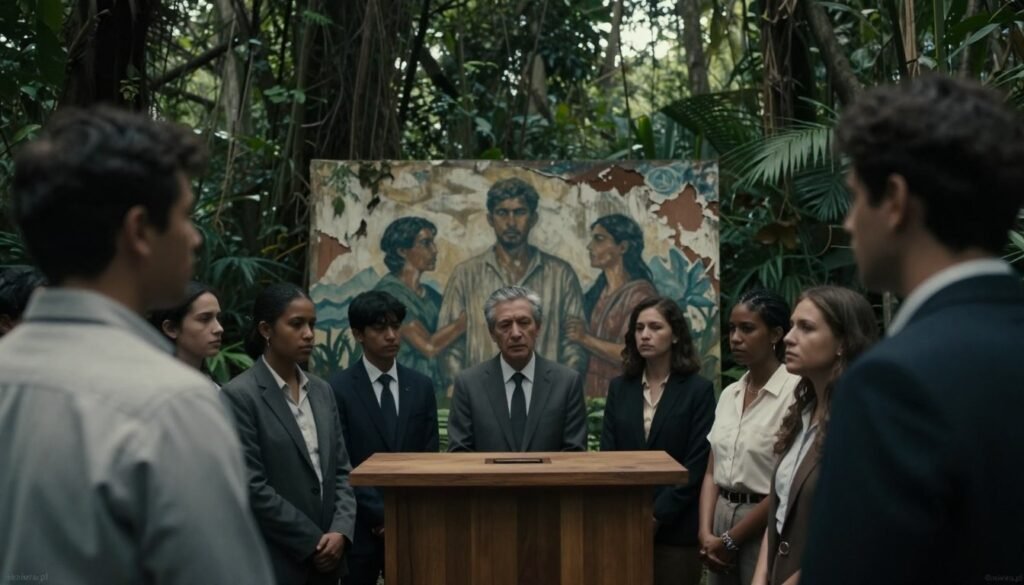A somber and atmospheric depiction of Jonestown, highlighting the Community's tragic end. In the foreground, a group of solemn followers dressed in modest, professional attire gathers around a simple wooden structure representing the People's Temple. Their expressions are reflective, capturing the gravity of their situation. In the middle ground, a faded mural representing unity and hope is slightly peeling off, symbolizing the disillusionment that ensued. The background features dense, overgrown jungle, evoking a sense of isolation and entrapment. Soft, diffused lighting emits a melancholic mood, contrasting with shadowy areas that suggest loss and despair. The perspective is slightly tilted, creating an unsettling feeling. The overall color palette is muted, with earthy tones dominating the scene, reflecting the haunting legacy of Jonestown. The brand name “ezotera.pl” subtly appears in the corner of the image.
